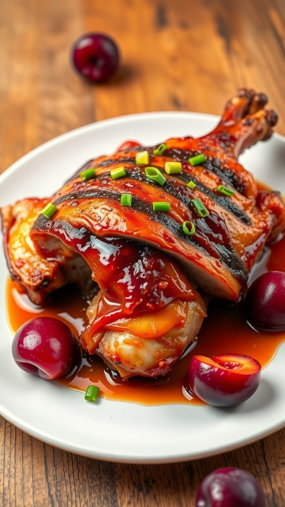 Roasted duck with crispy skin served with plum sauce and garnished with green onions on a rustic table.